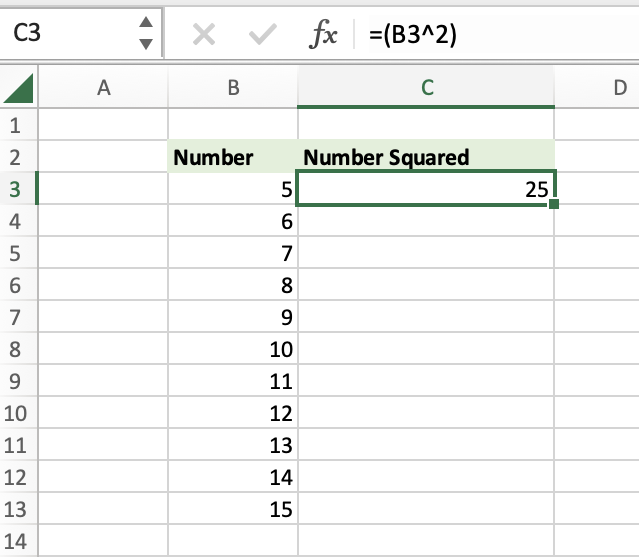 Two-sided chart with numbers in the left column and squared numbers in the right columns using the caret operator