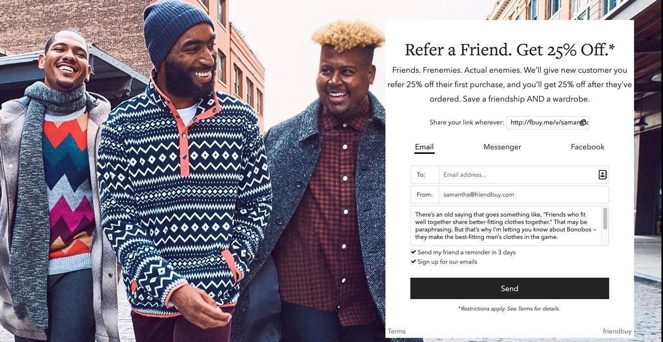 One functionality of Friendbuy software used by Bonobos is the option for Advocates to tick-mark the “Send my Friend a reminder in 3 days” option to send a reminder email to their Friend(s). 