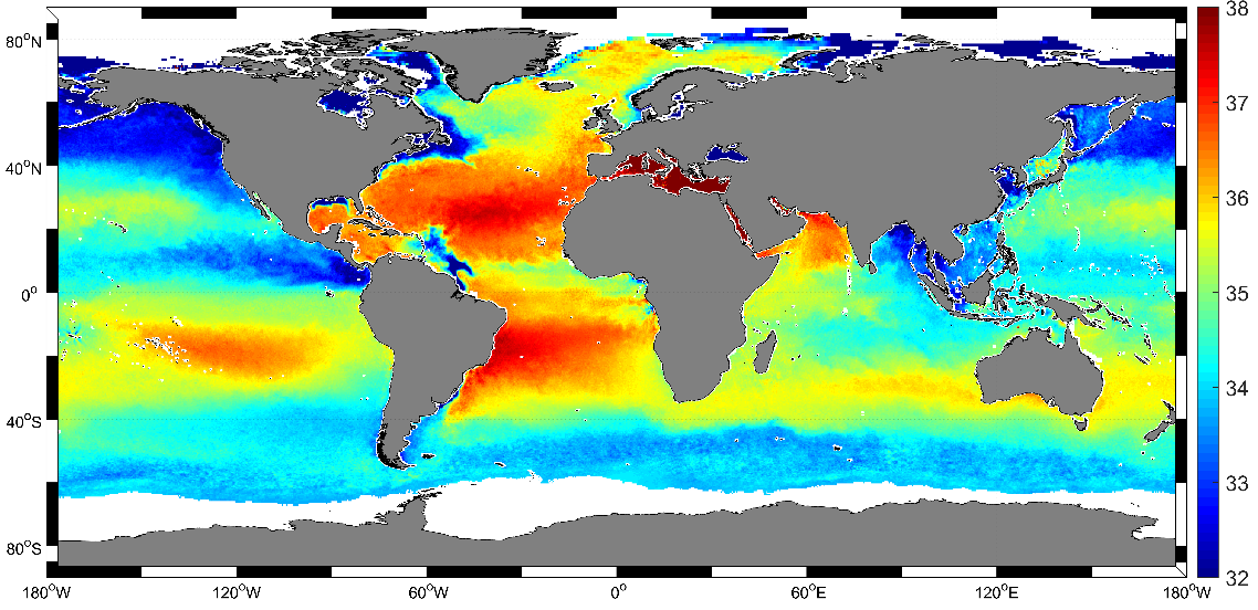 Figura 1: Mapa global de salinidade dos oceanos com a escala de PPT (partes por trilhão). Fonte: ESA [1]