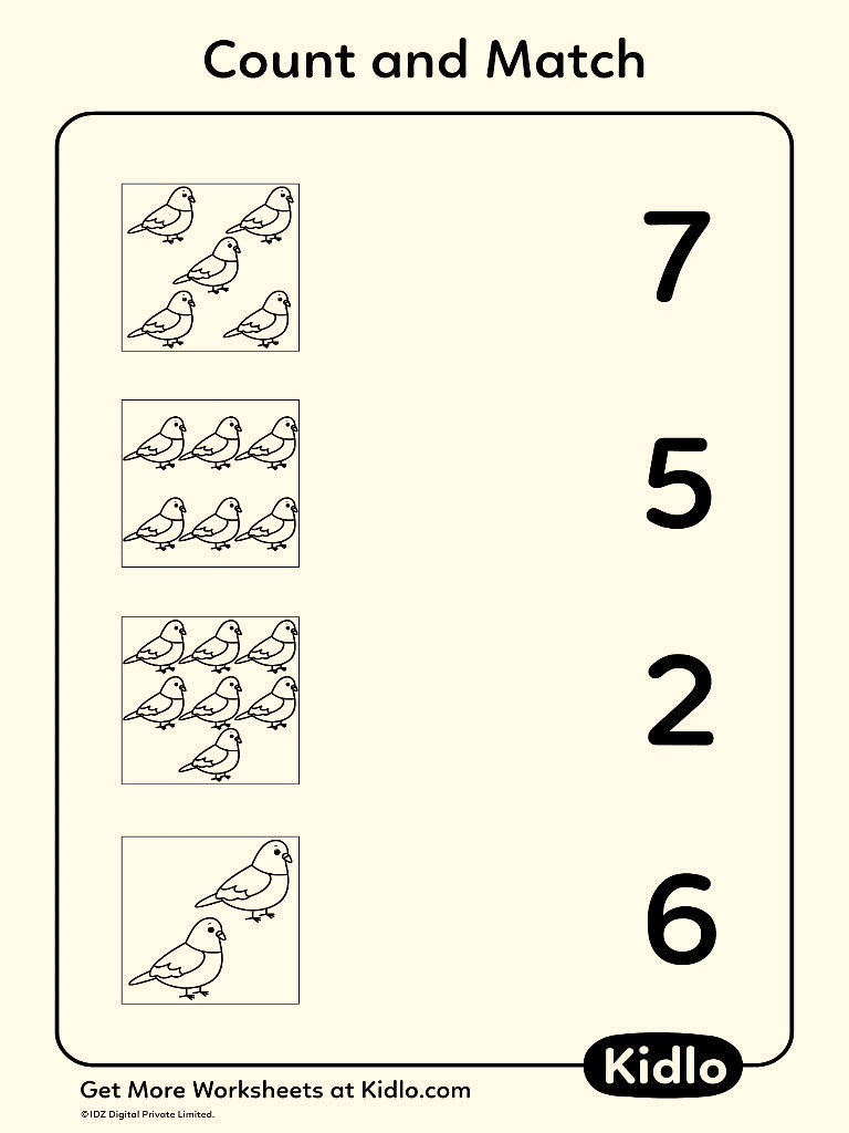 Count And Match - Birds Worksheet #10 - Kidlo.com