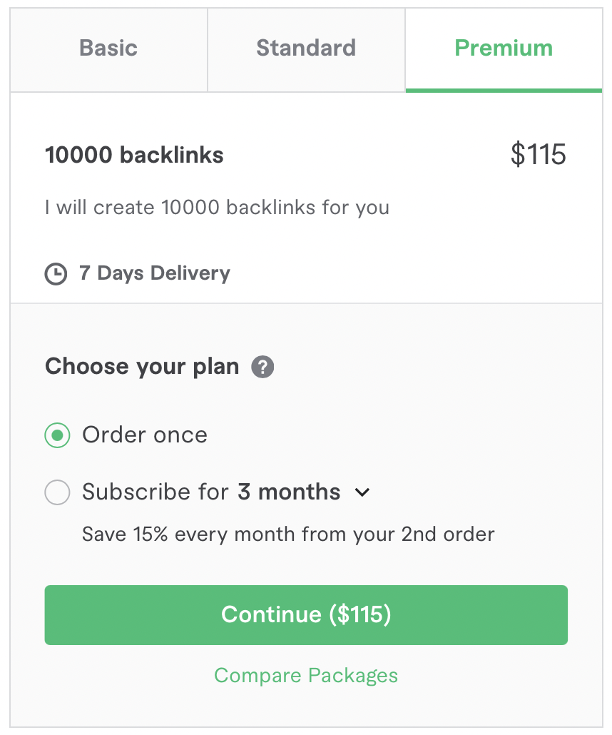 A screenshot of a real Fiverr offer for 10,000 backlinkslinks for $115 dollars