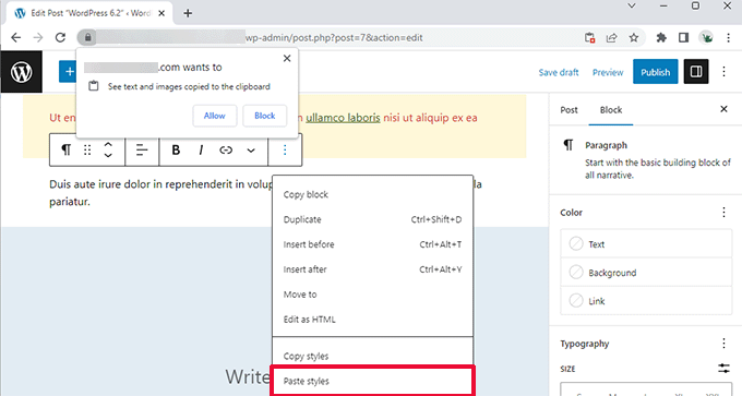 Image: Paste styles in WordPress 6.2
