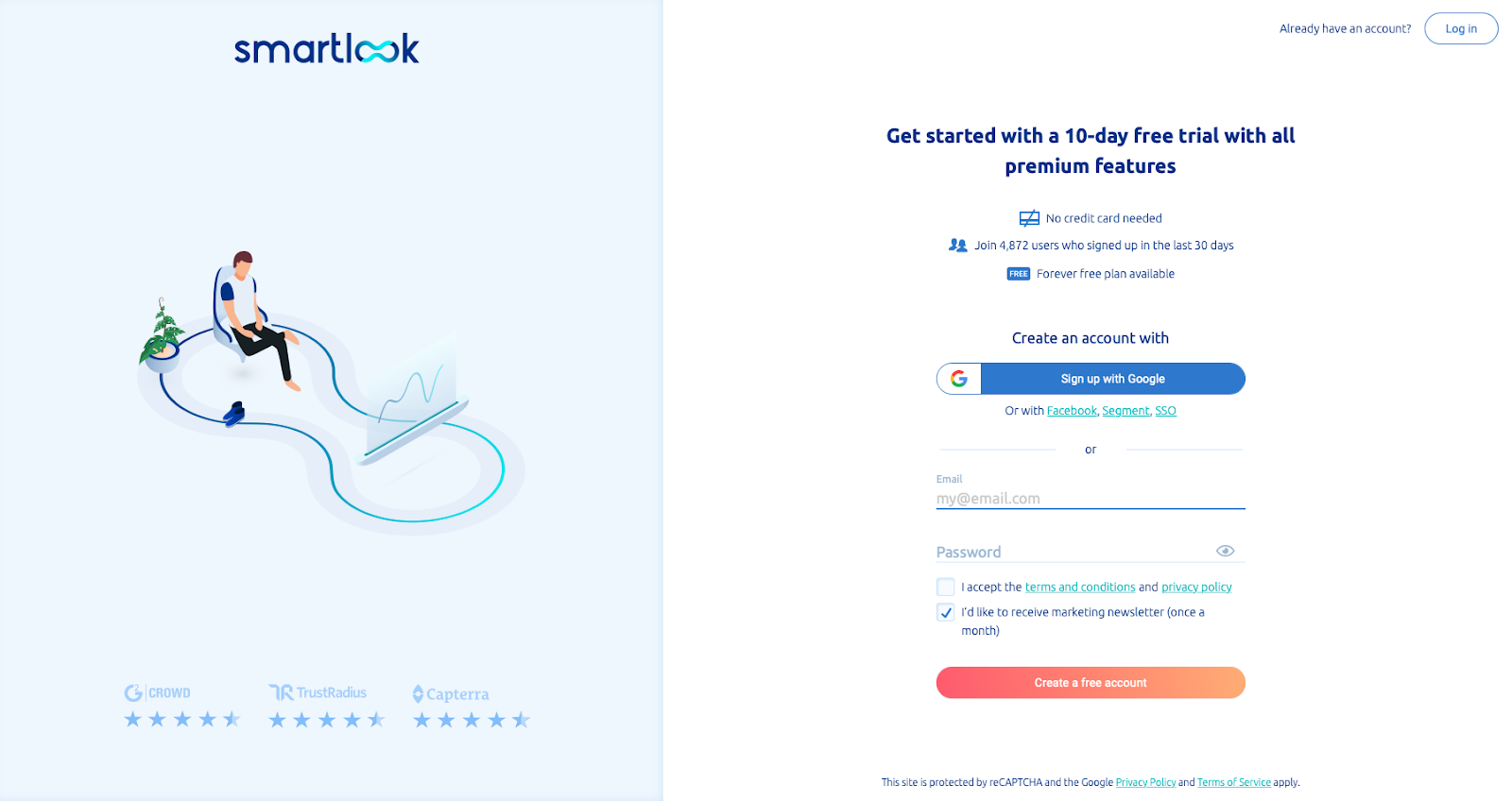 Smartlook's free trial Landing Page