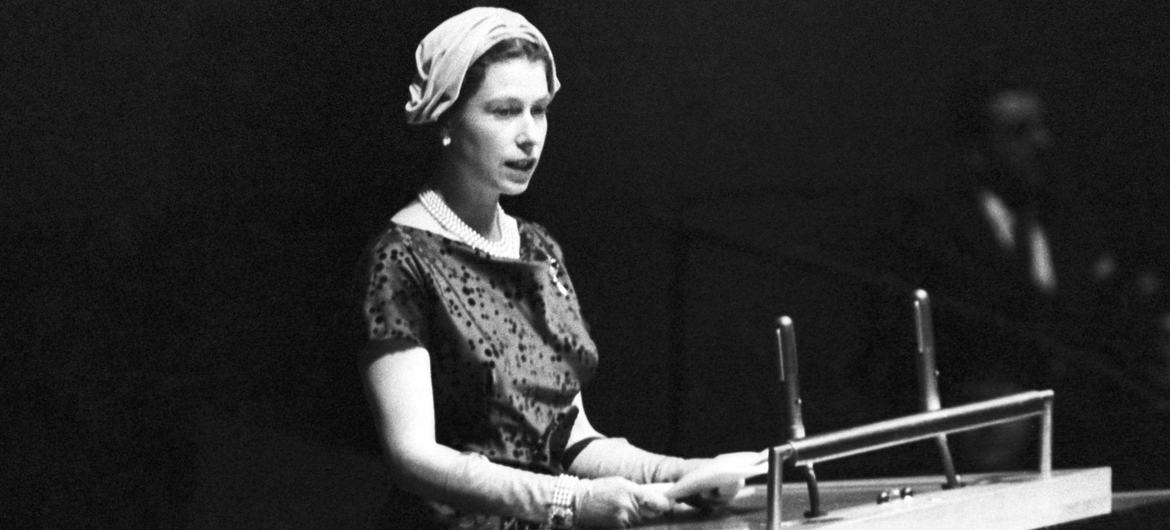 Queen Elizabeth II of the United Kingdom addresses the United Nations General Assembly in October 1957. Credit: UN Photo/Albert Fox