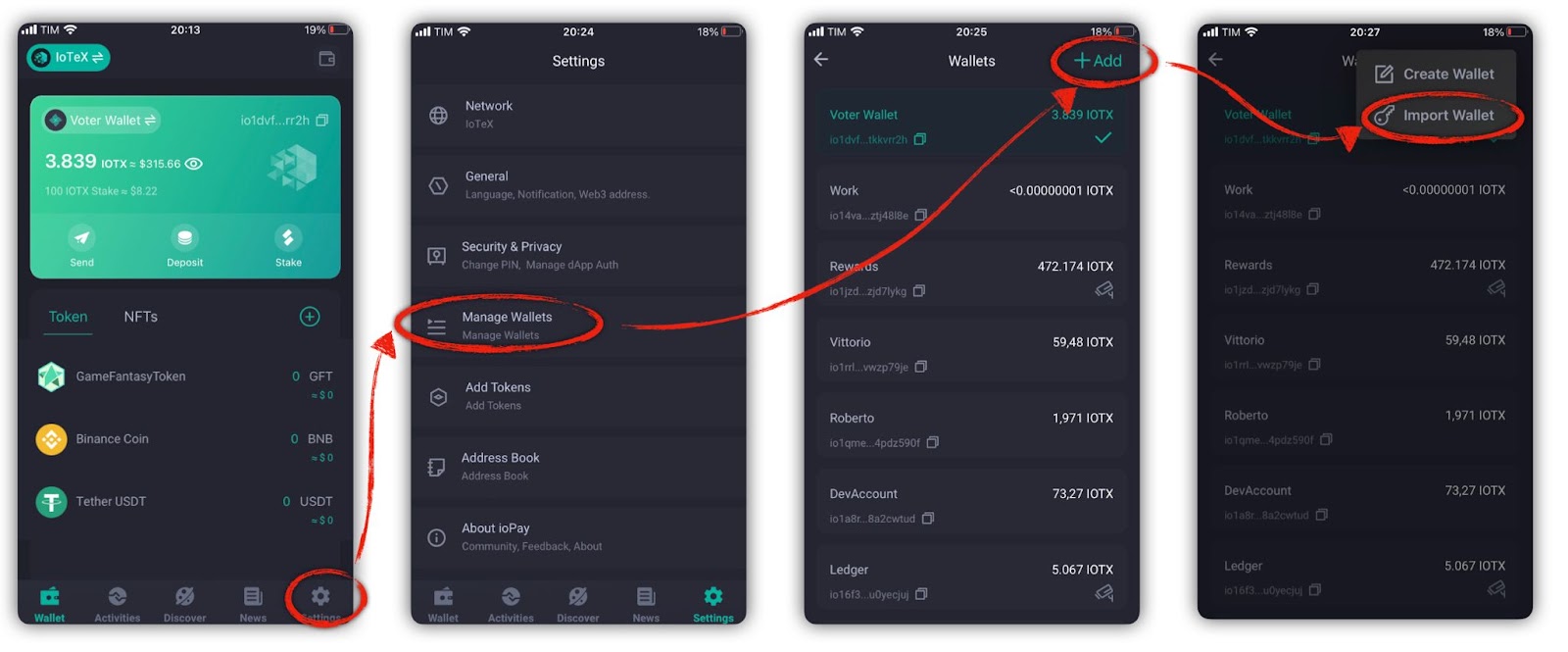 Screenshot of steps to import wallet in ioPay app