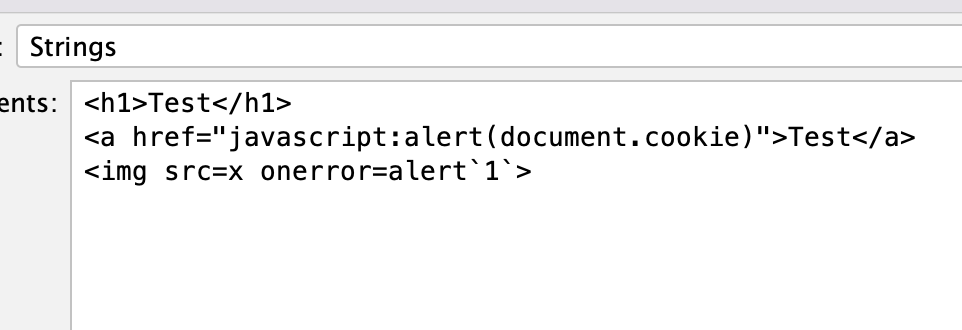 A set of 3 values in ZAP's payload dialog, each creating a different HTML element. Two of these have script payloads as well, one in an a tag's href attribute, the other in an img onerror event handler.