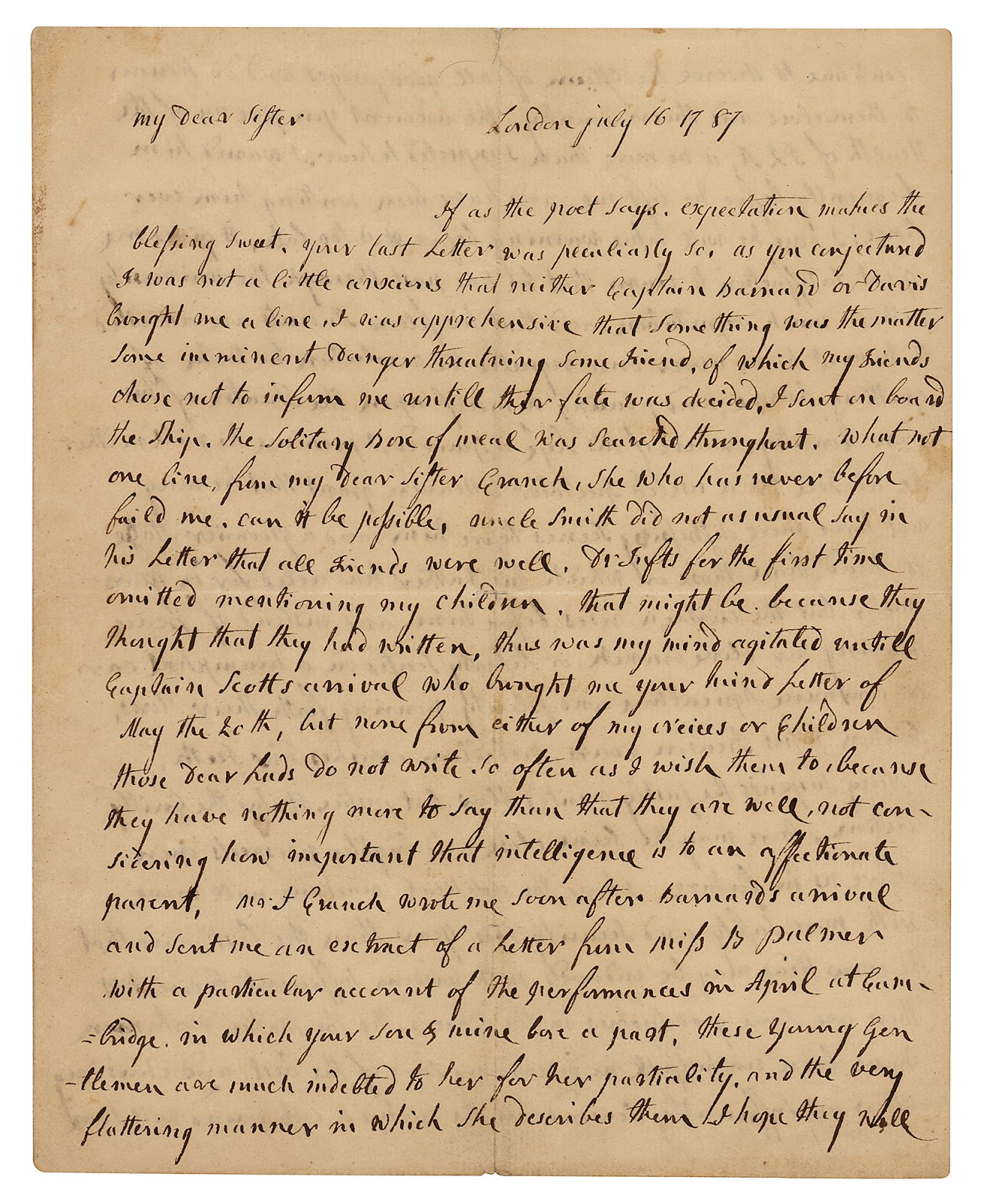 The first page of Adams’ letter, dated July 16, 1787. This lot sold for $38,454.