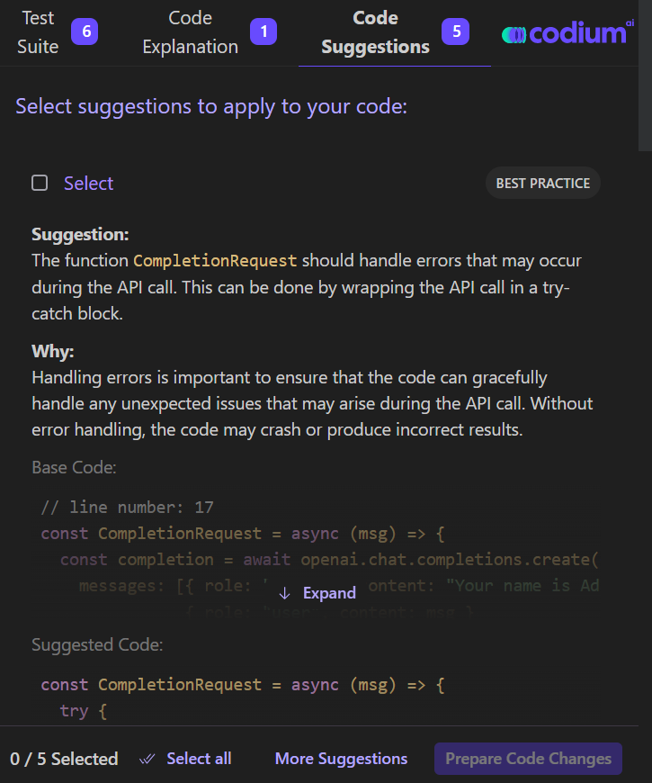 code suggestions generated by CodiumAI