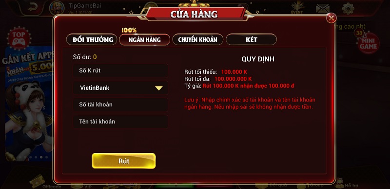 Hướng dẫn rút tiền qua Ngân hàng tại cổng game King Việt Club