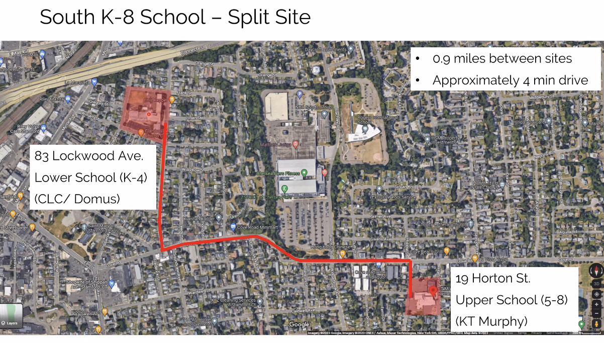A map that shows the two sites for the Stamford South School
