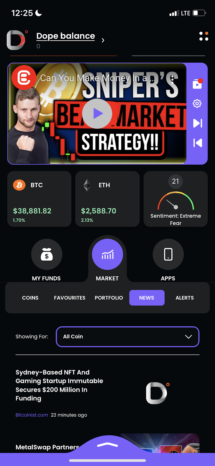 The main screen of Dopamine App contains everything you need to begin your crypto journey from wallets to influencers videos and market updates