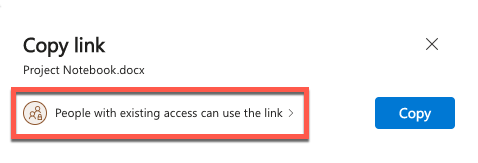 Copy link window with access permissions settings highlighted