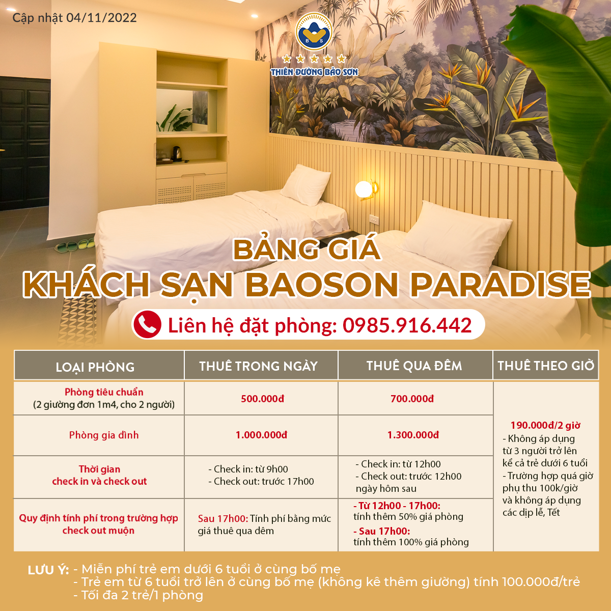 Bảng giá dịch vụ lưu trú tại Khách sạn BaoSon Paradise