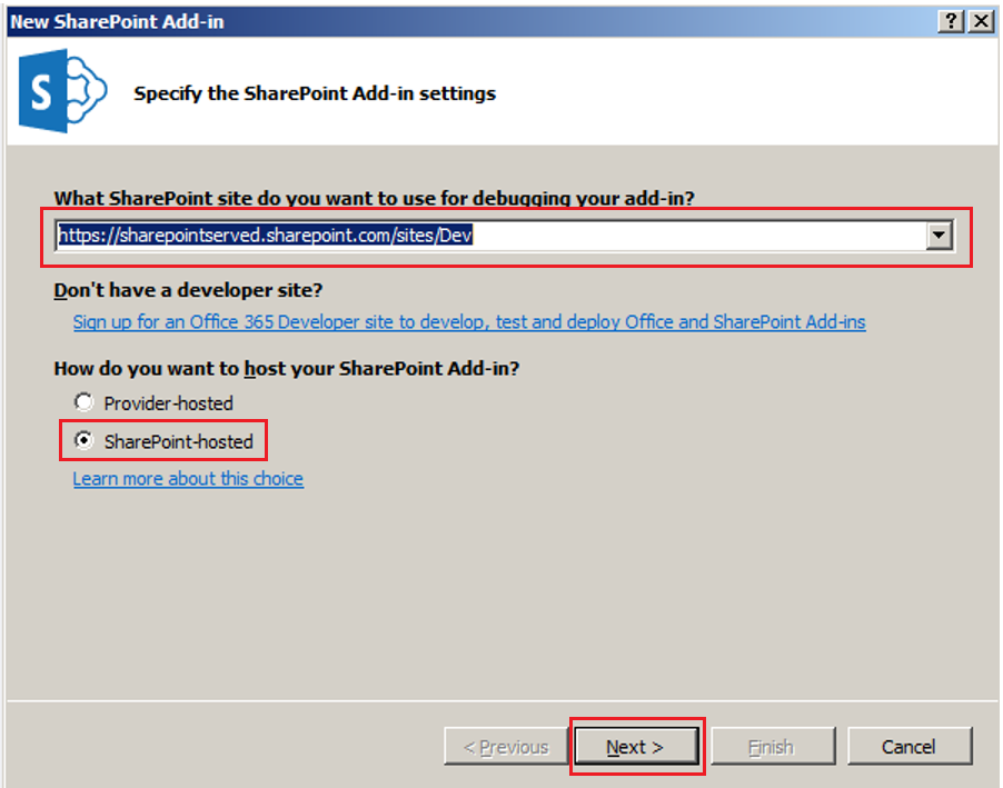 Specify the SharePoint Add-in settings.