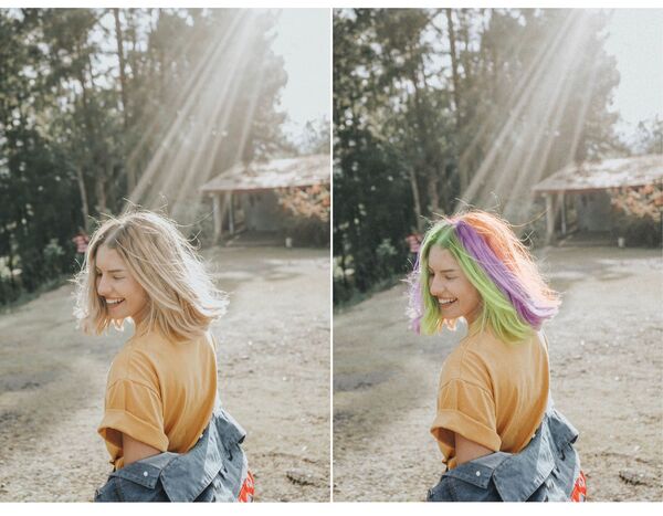 Montagem de fotos de uma mulher com cabelo liso sendo editada pelo AirBrush
