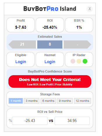 A screenshot of BuyBot Pro feature with sell price in it