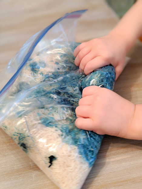 Toddler hands shown shaking a bag of white rice with droplets of blue food coloring and rubbing alcohol in the bag as well. 