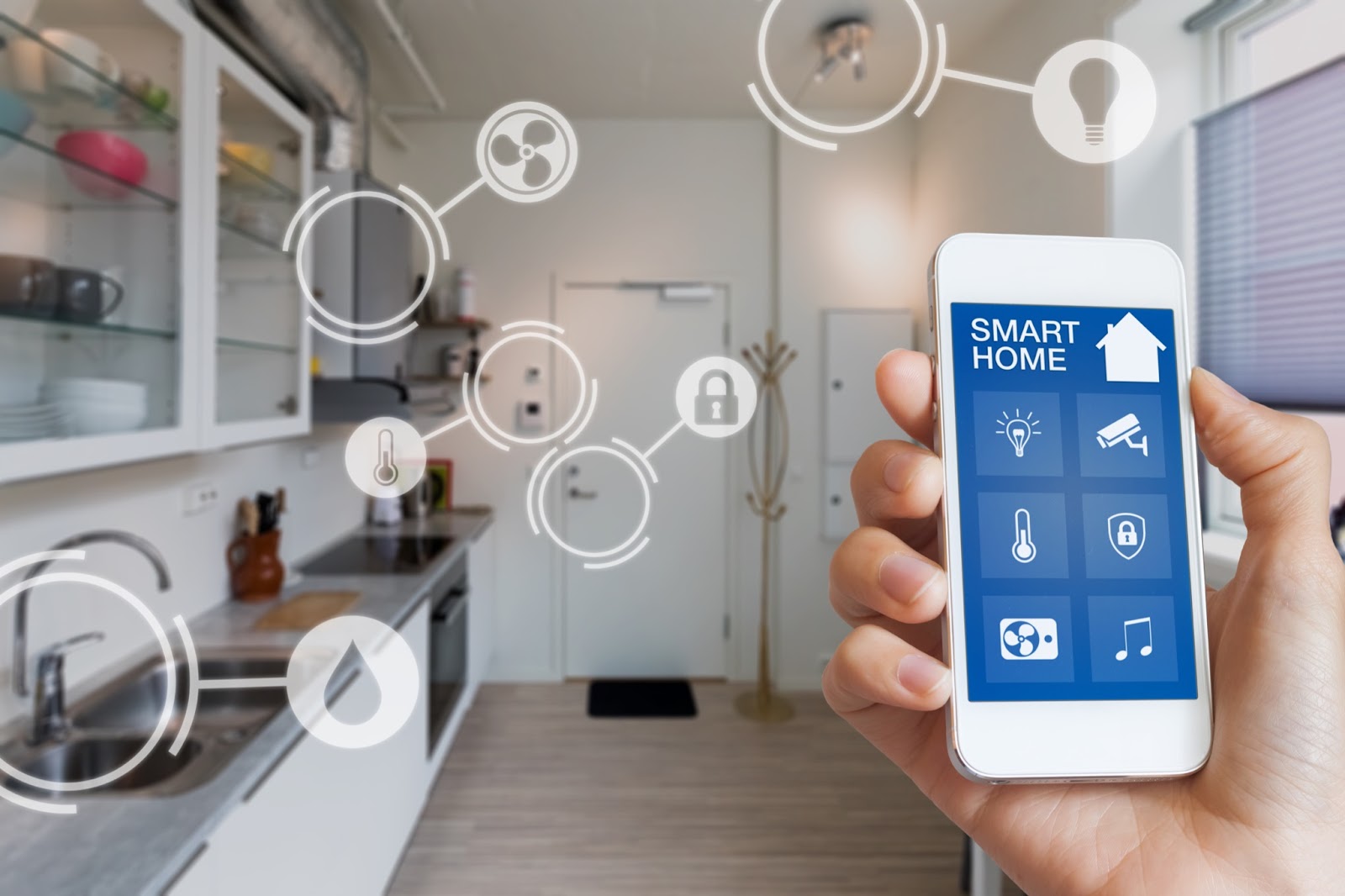 Photo of a smart phone managing a smart home in a white kitchen, controlling the room temperature, the door locks, the lighting, the water and the kitchen fan.