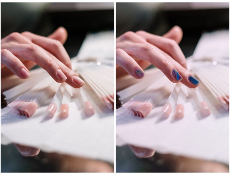 Foto de unhas mostrando o antes e depois de uma edição feita com o AirBrush