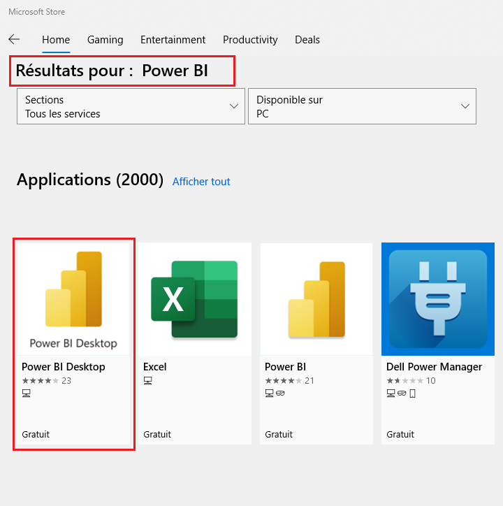 Resultat recherche Power BI Microsoft Store