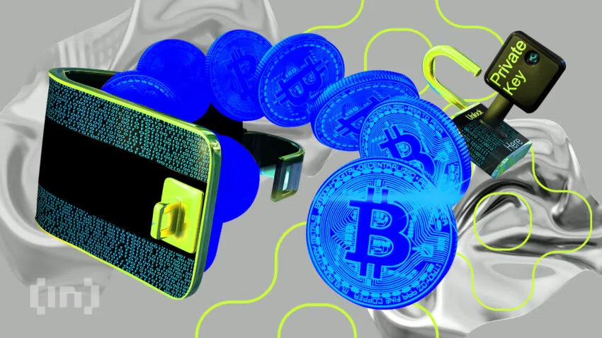 Man sieht eine halb offene Brieftasche, aus der Bitcoin Münzen hervorgehen, sowie ein Schloss im Hintergrund, das gerade von einem Schlüssel mit der Aufschrift “Private Key” geöffnet wird - Ein Bild von BeInCrypto.com.