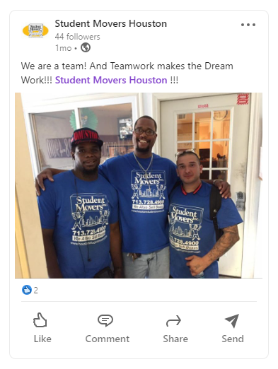 An image of a LinkedIn post by Student Movers Houston showing three of the movers standing together and smiling.