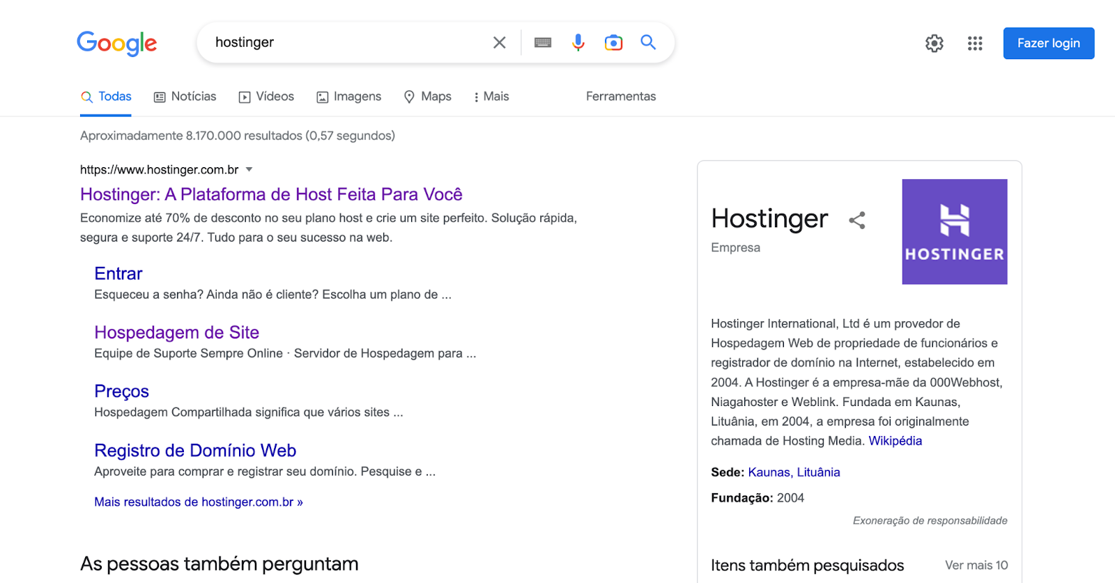 Uma SERP padrão do Google gerada com a pesquisa do termo Hostinger