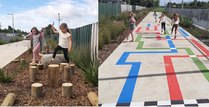 A collage of children playing on a sidewalk

Description automatically generated