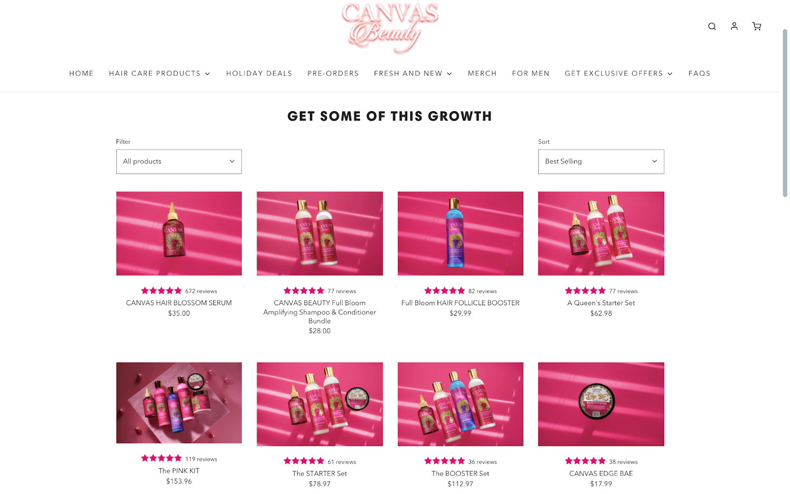 Support Black-owned businesses–A screenshot of Canvas Beauty Brand’s product page showing all of their products with text that reads “Get Some of this Growth”. 