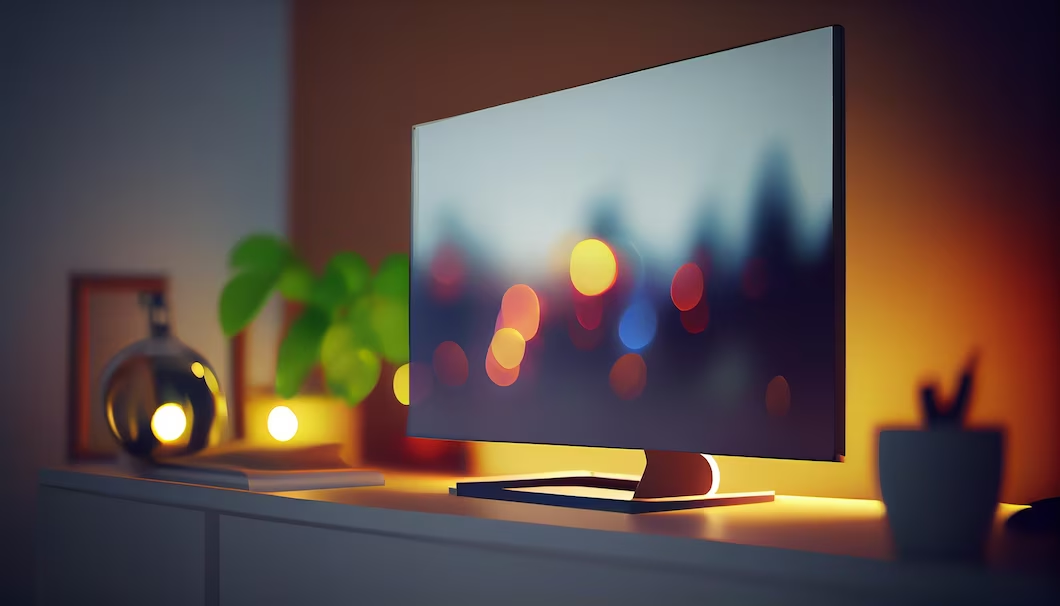 Dimly lit television placed on a cabinet