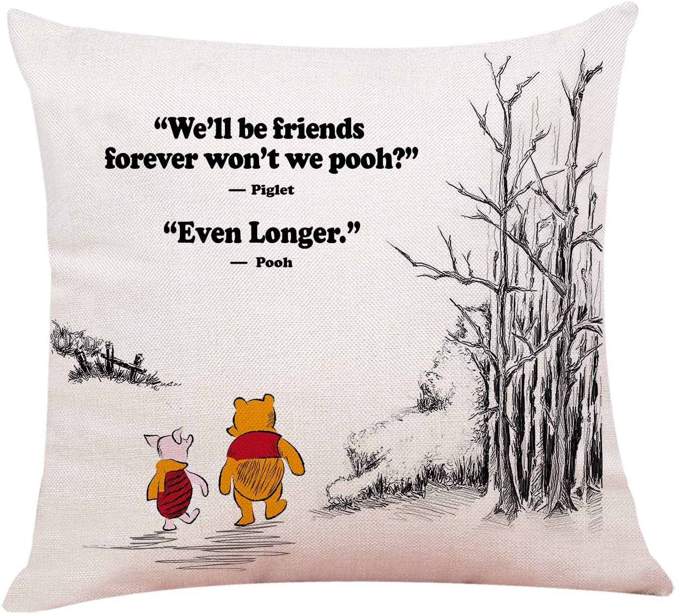 A Winnie the Pooh pillow case gift idea featuring Winnie and Piglet with a printed Winnie the Pooh quote on the pillow case.