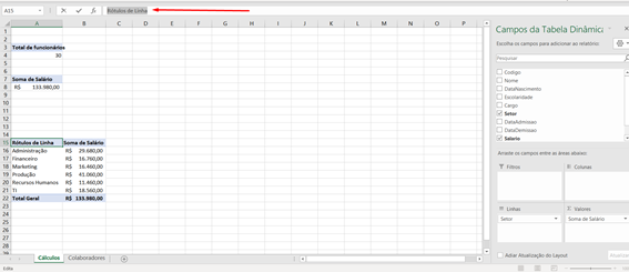 Rótulos de Linha criar dashboard no Excel