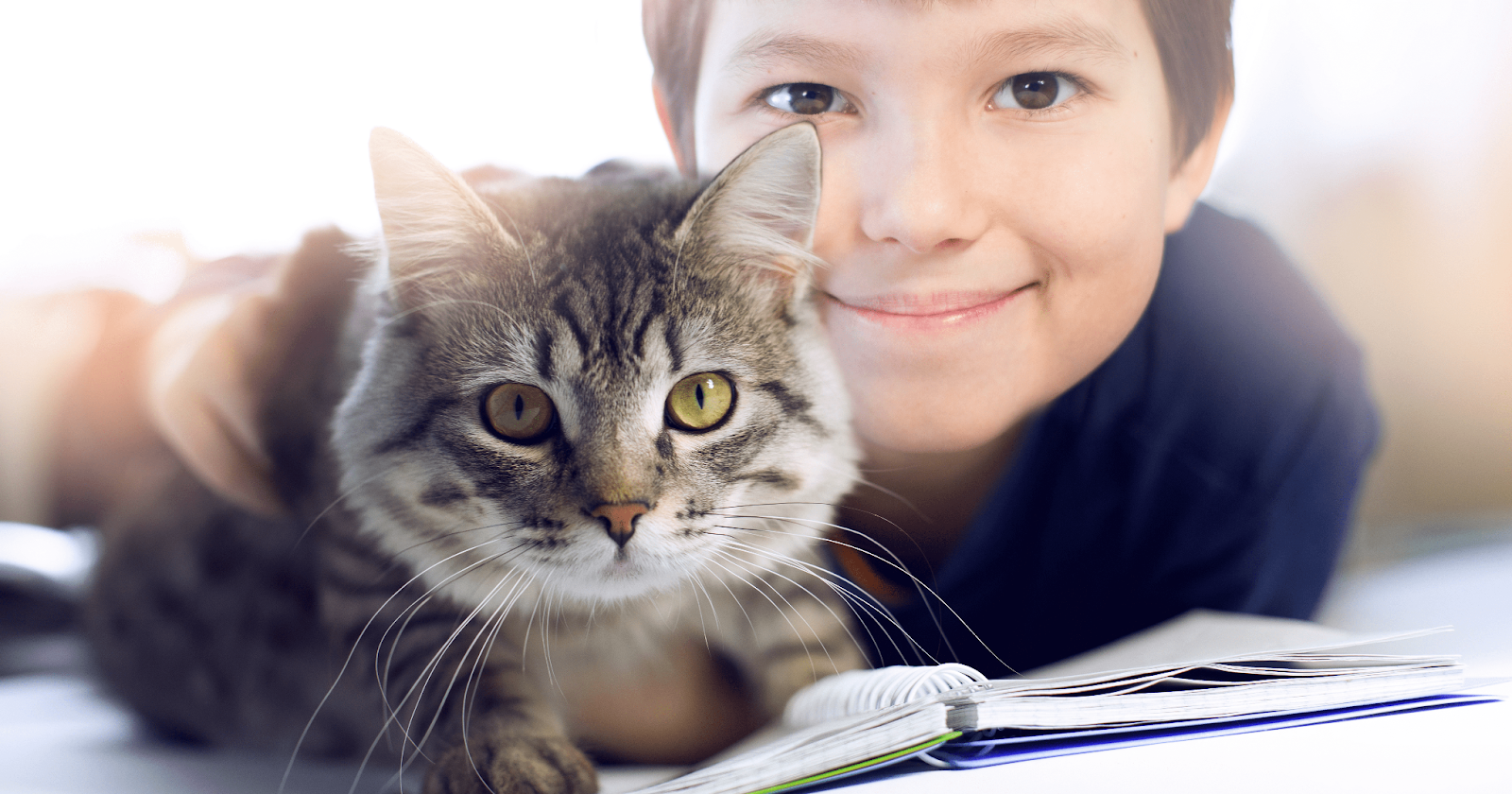 Little boy laying on floor with cat on top of notebook