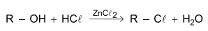 Esquema representativo da reação entre um álcool e o ácido clorídrico, em presença de cloreto de zinco