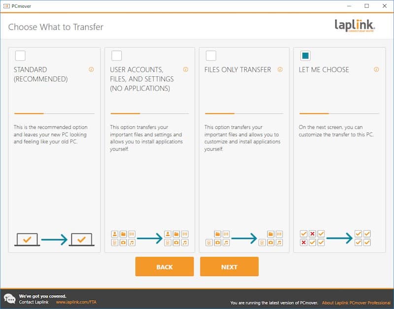 Laplink PCmover - options de transfert