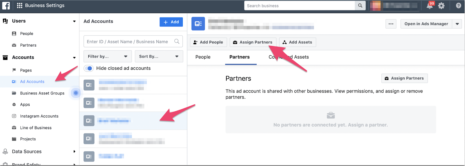 Screenshot of Facebook Ad Business Settings.