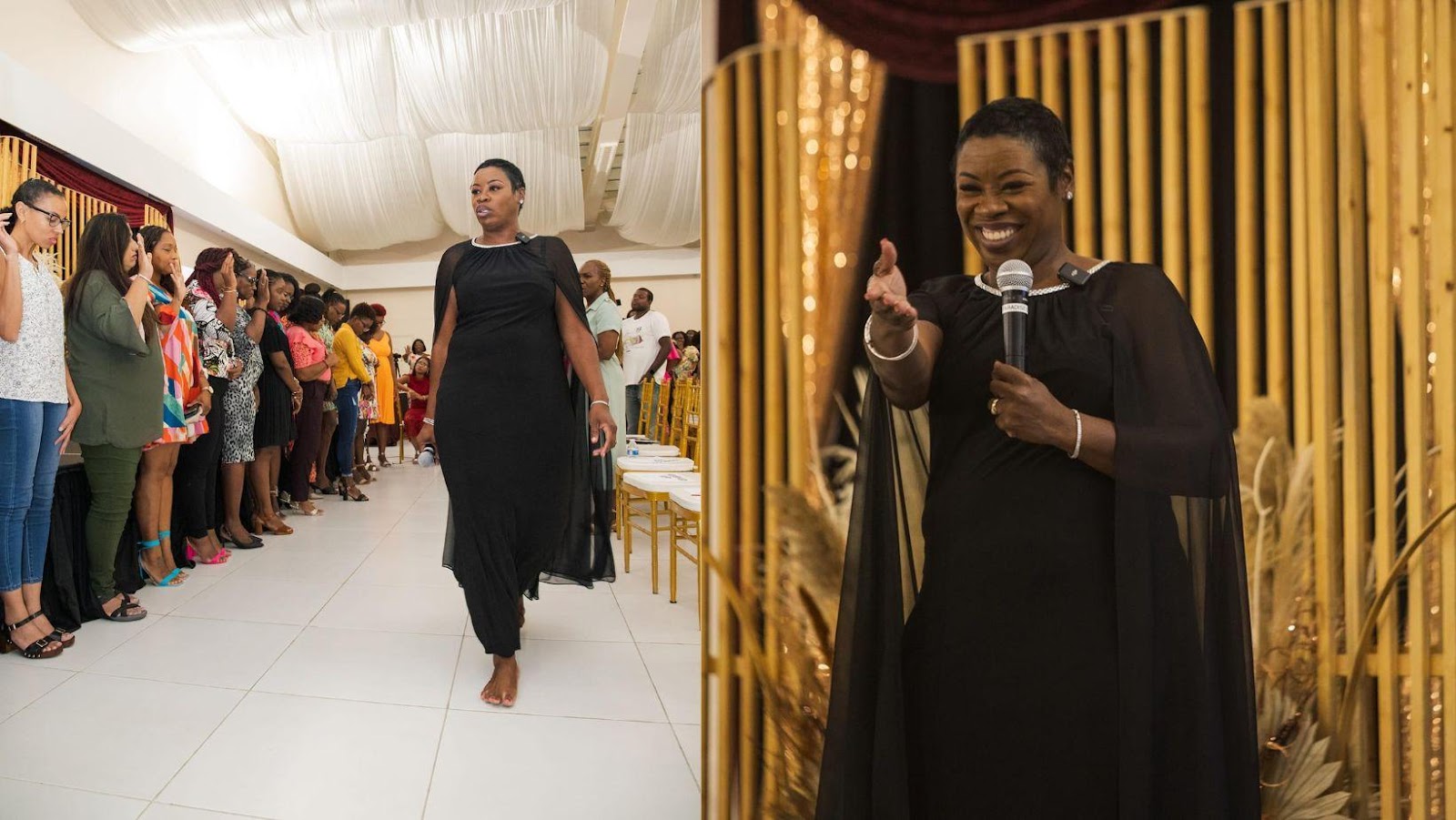 A person in black dress and a microphone

Description automatically generated