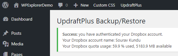 Demonstração do UpdraftPlus 4 - Conectando o Dropbox 5