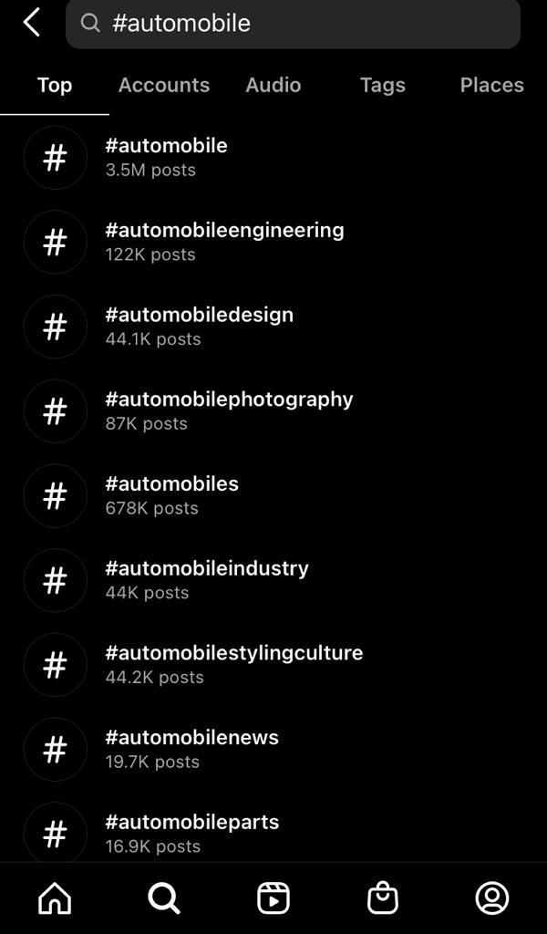 Instagram's autocomplete feature enables brands discover and cover top keywords in their domain. 