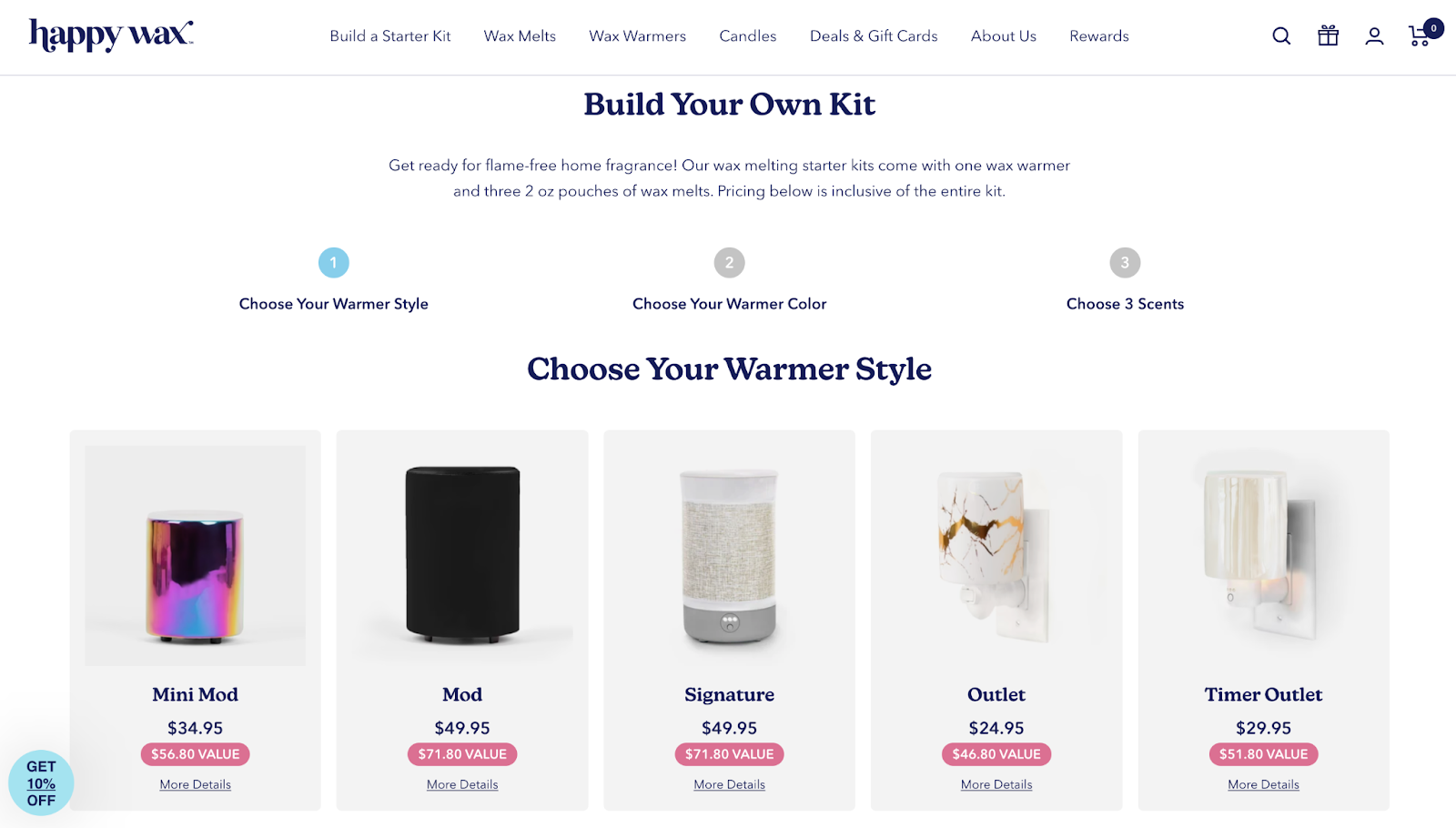 Screenshot of Happy Wax's product bundle builder, where you can build your own kit.