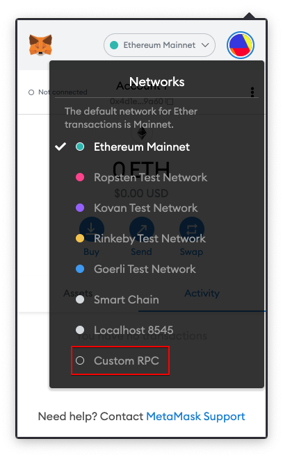 “Custom RPC” button in Metamask