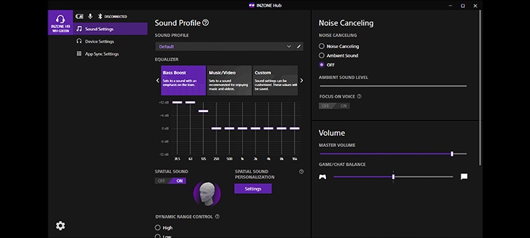 Screenshot of sound settings in the INZONE Hub PC software