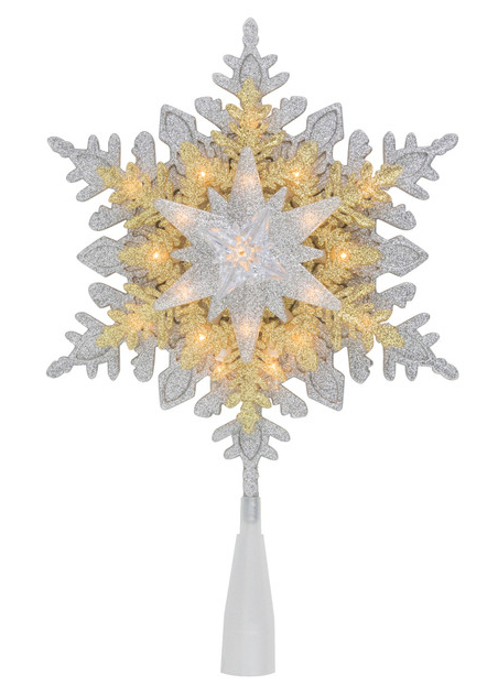 gold and silver snowflake tree topper with clear lights