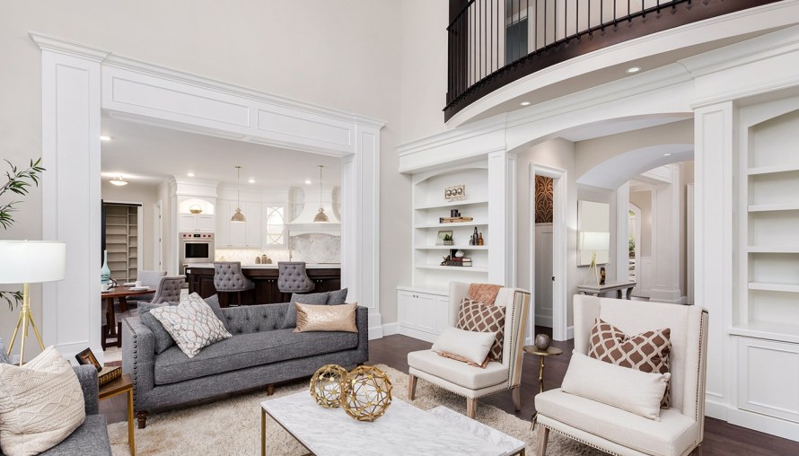 Custom designed living room with overlook from the second floor.