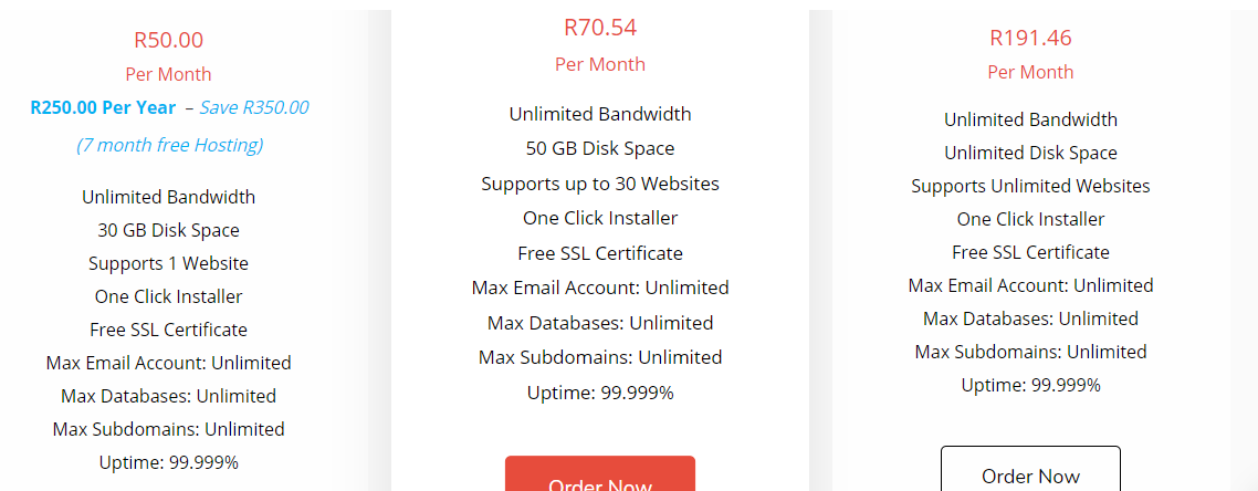 cost of hosting a website in South Africa