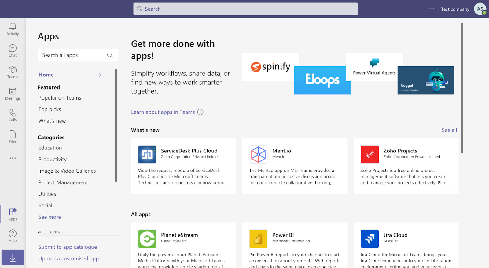 Apps section on Microsoft Teams