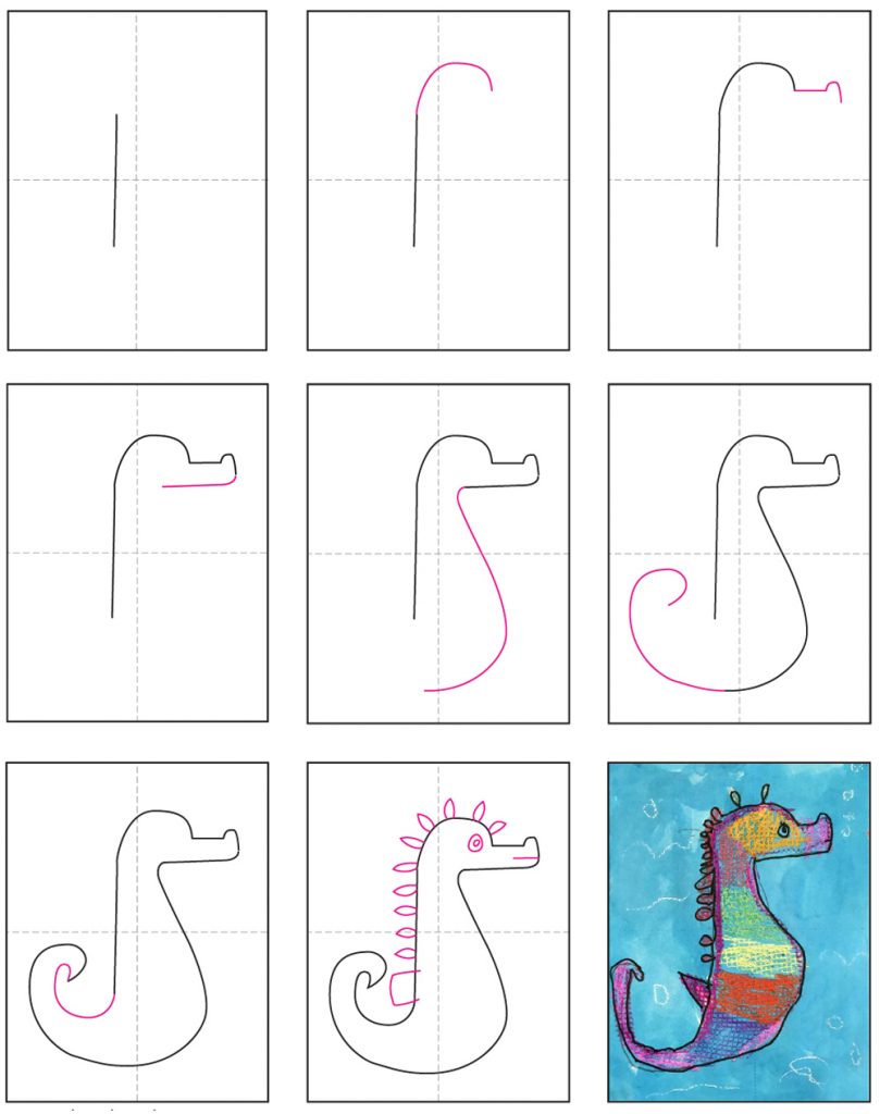 how to draw a simple seahorse