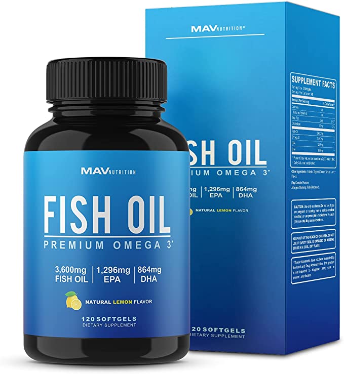 MAV Nutrition Fish Oil 3600 mg Lemon Flavor Soft Gels | Omega 3 + EPA & DHA | Brain Heart Joints Skin and Immune Support | 120 Count Non-GMO Omega-3 Burpless Softgels Supplements