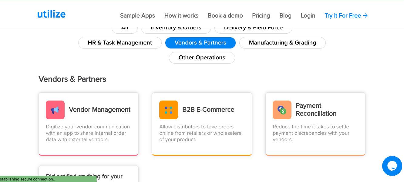 The Utilize app sample apps list includes 'vendor management', 'B2B E-Commerce', 'Payment Reconciliation'