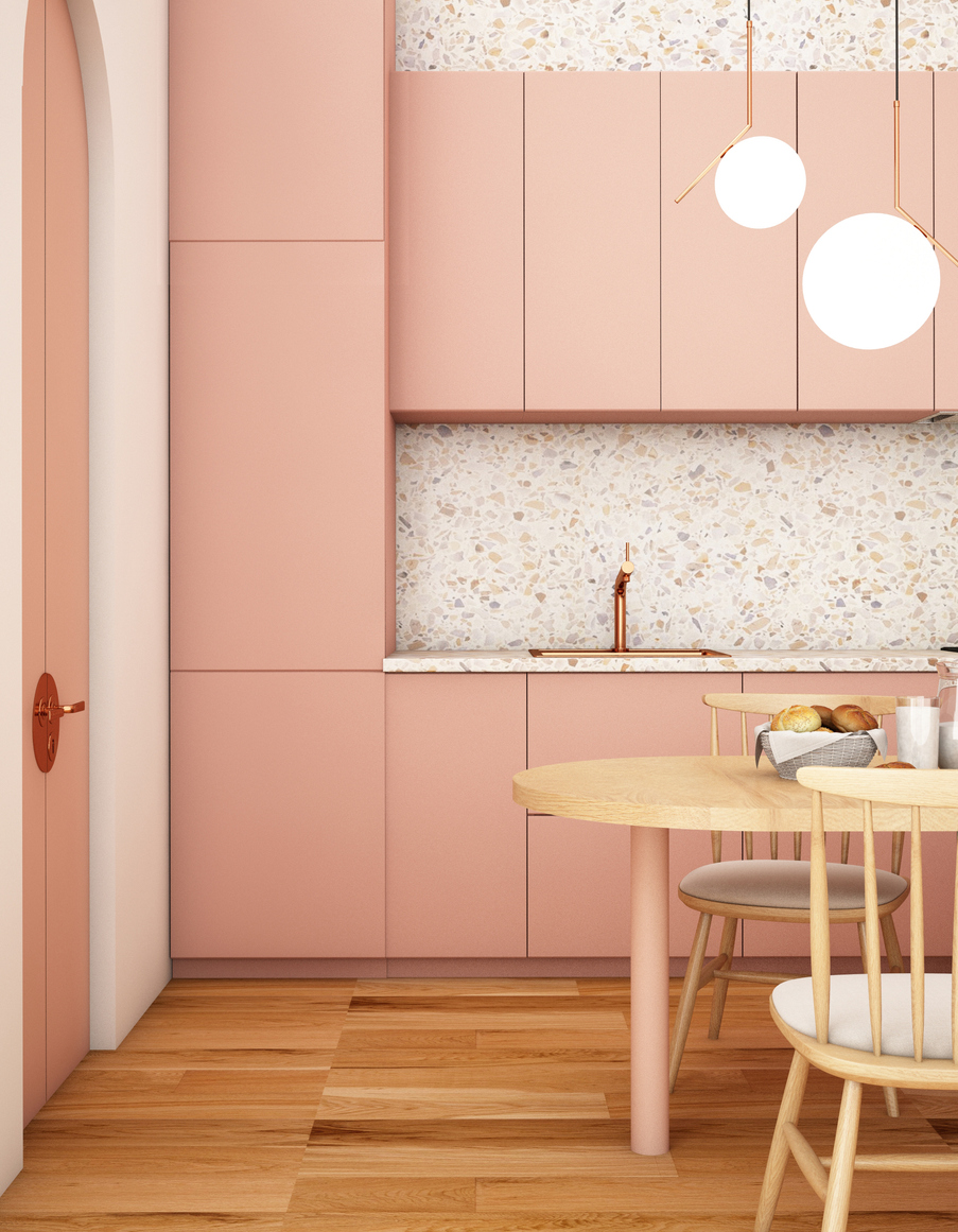 Mid century modern pink kitchen in Barbie Dream House